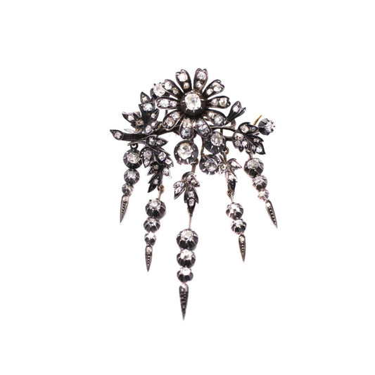 Victorian Silver & 18KT Yellow Gold Diamond Flower Brooch front
