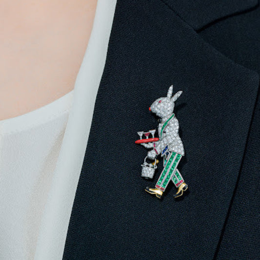Raymond Yard Platinum & 18KT Yellow Gold Gemset Rabbit Waiter Brooch on lapel