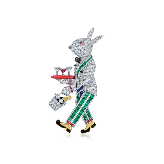 Raymond Yard Platinum & 18KT Yellow Gold Gemset Rabbit Waiter Brooch front