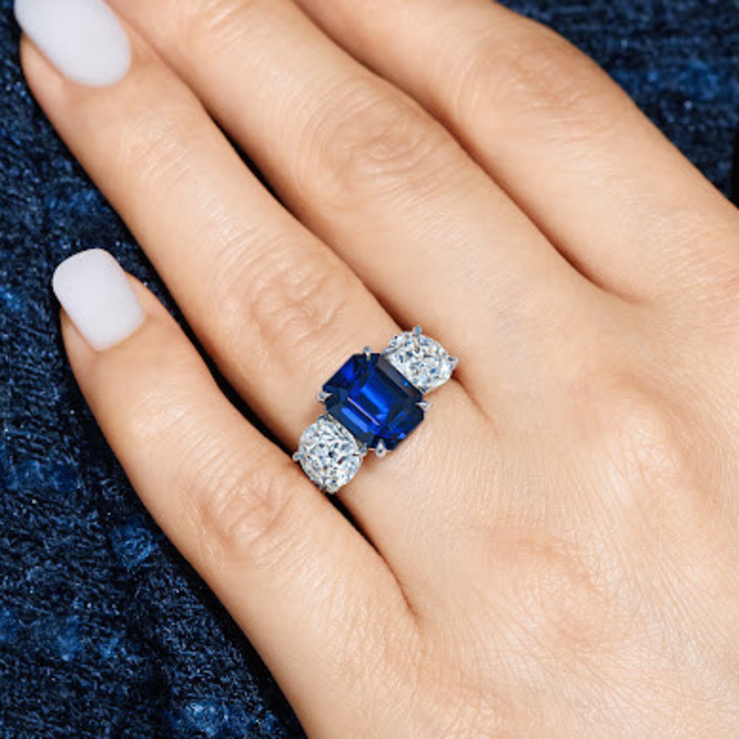 Post-1980s Platinum Sapphire & Diamond Ring on finger