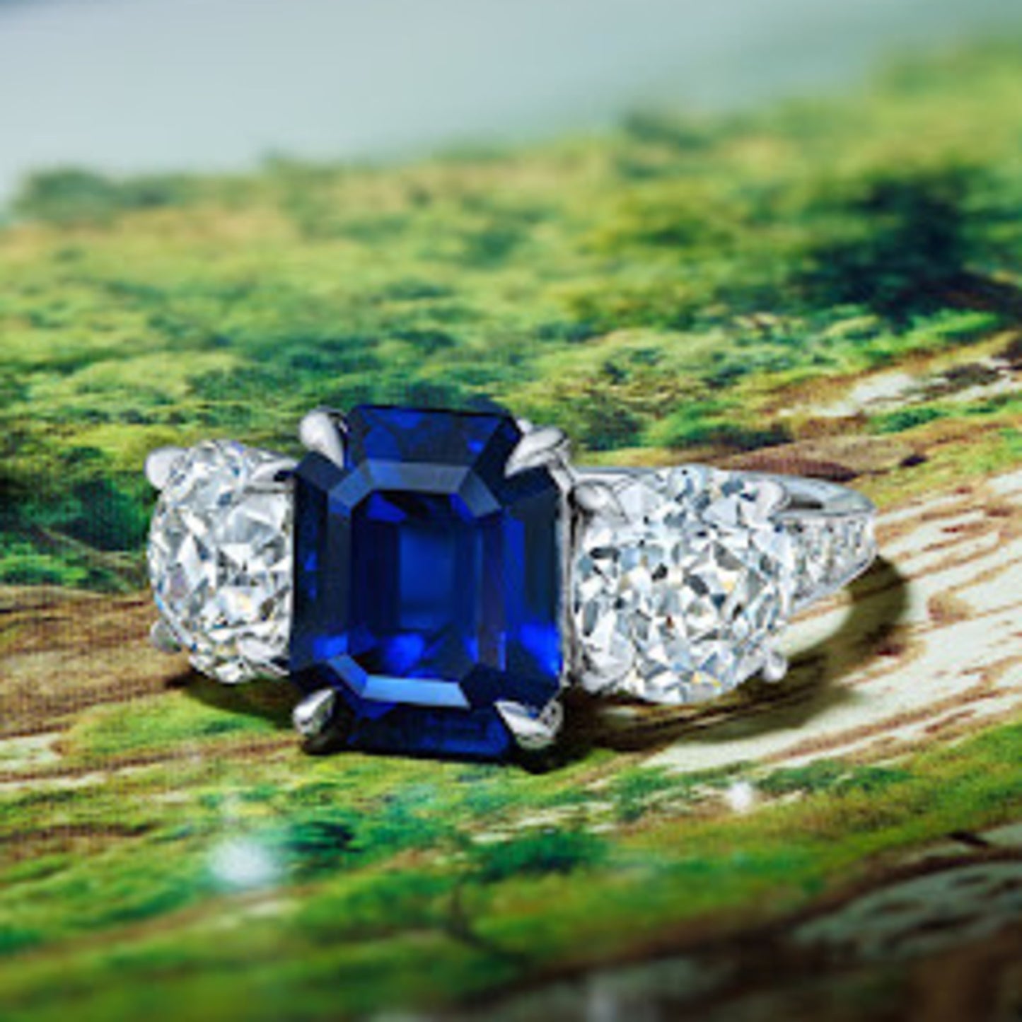 Post-1980s Platinum Sapphire & Diamond Ring front