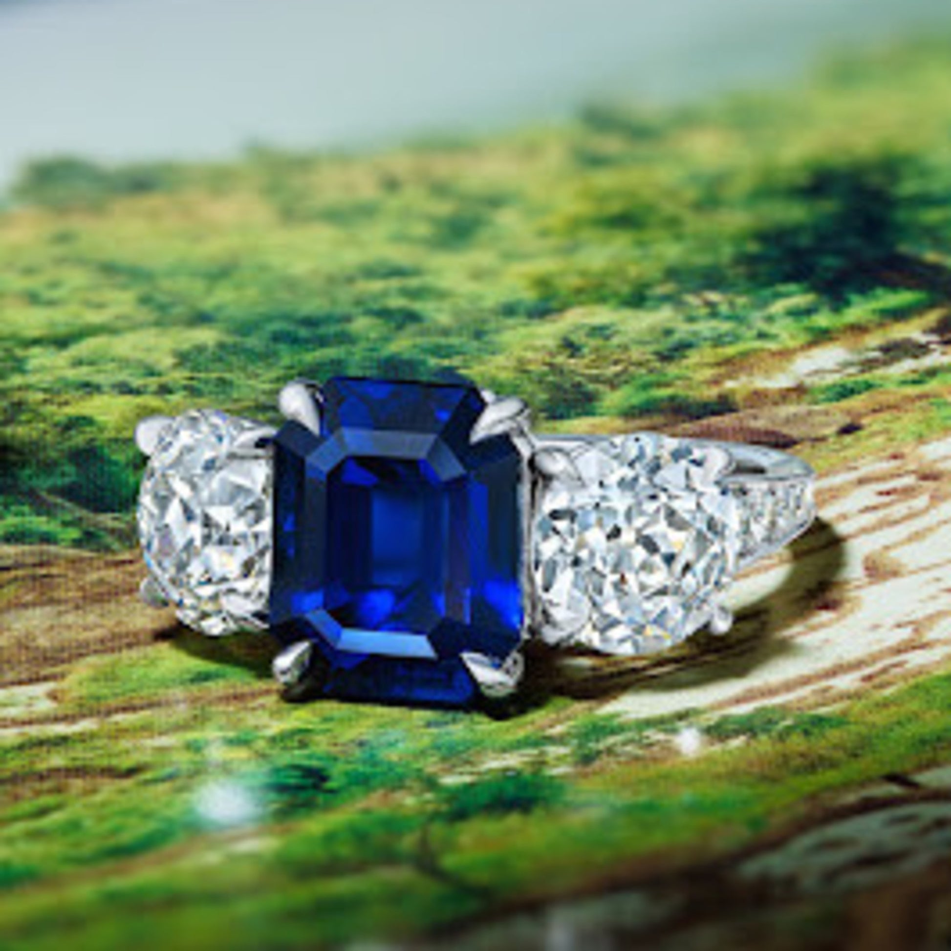 Post-1980s Platinum Sapphire & Diamond Ring front