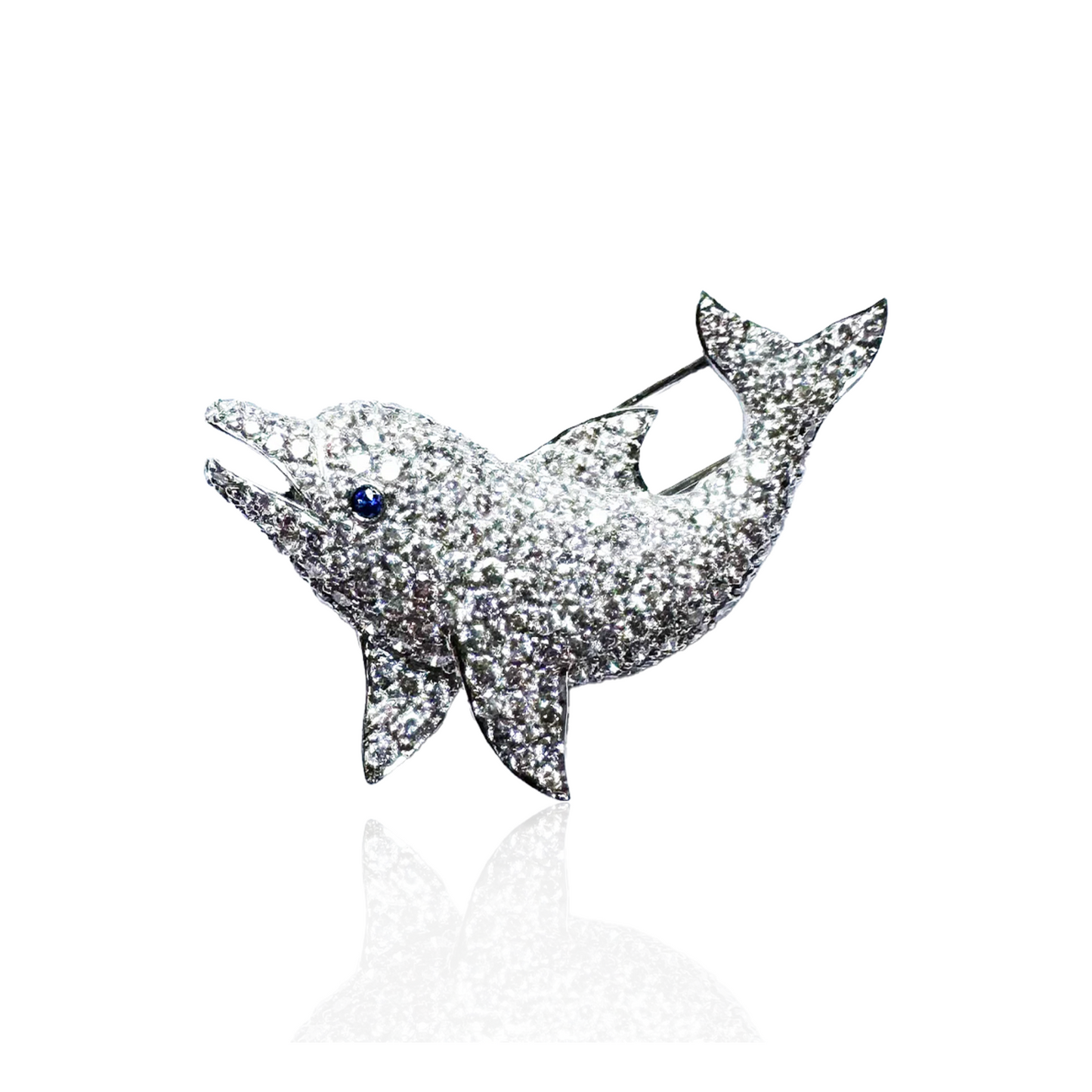 1980s Platinum Diamond & Sapphire Dolphin Brooch front