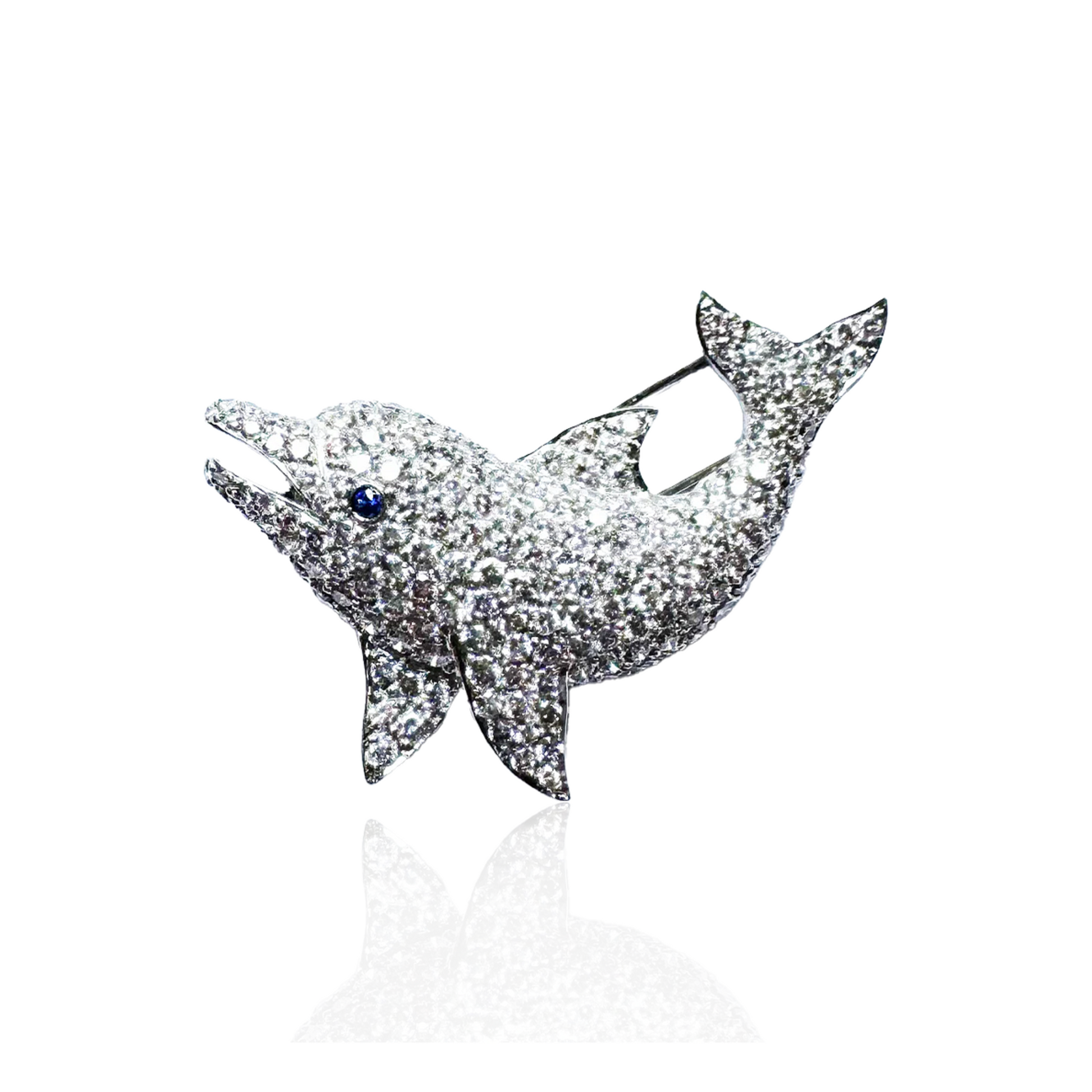 1980s Platinum Diamond & Sapphire Dolphin Brooch front