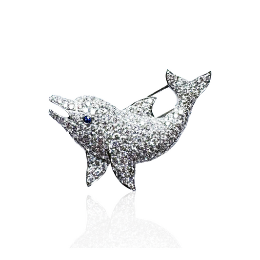 1980s Platinum Diamond & Sapphire Dolphin Brooch front
