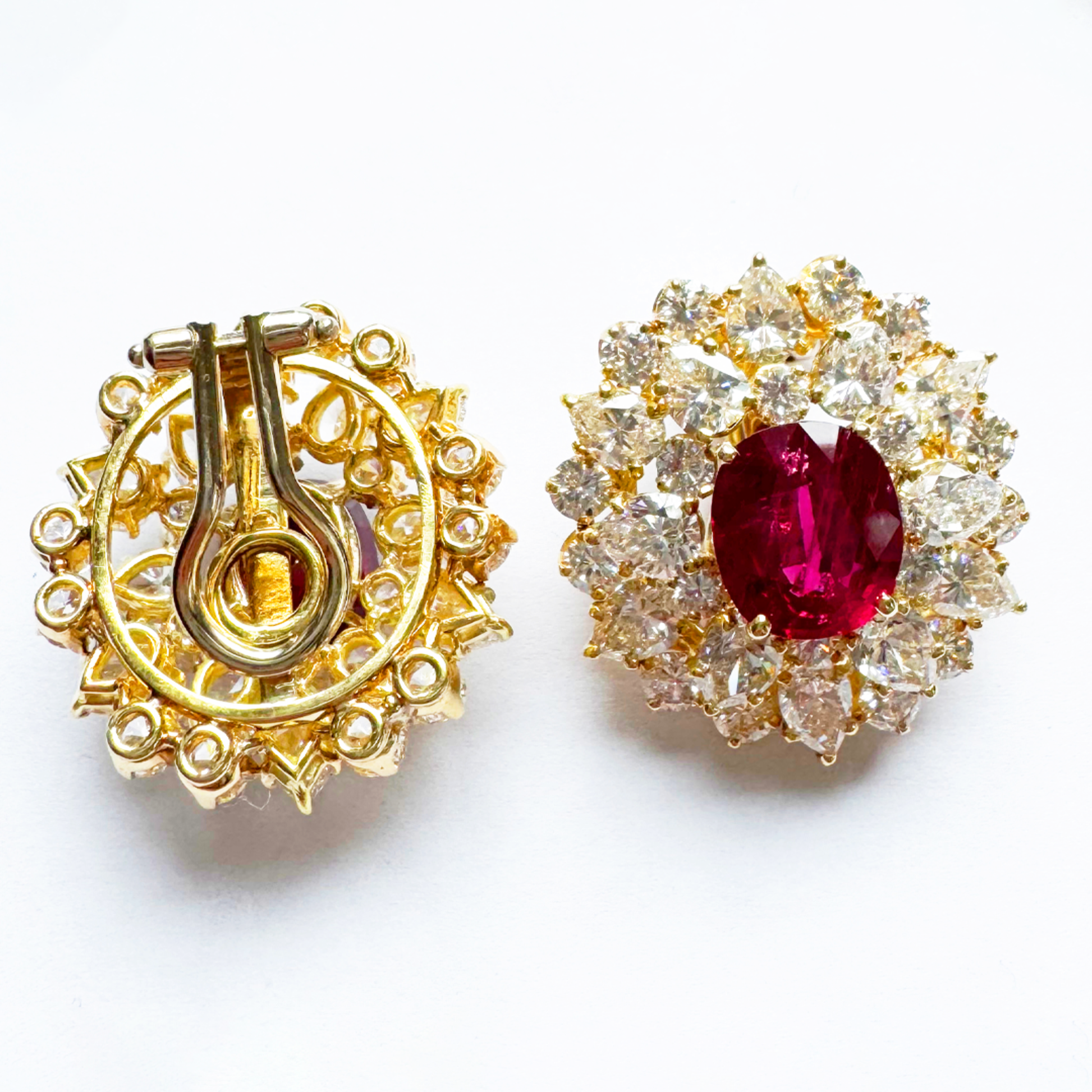 1950s 18KT Yellow Gold Ruby & Diamond Earrings back and front