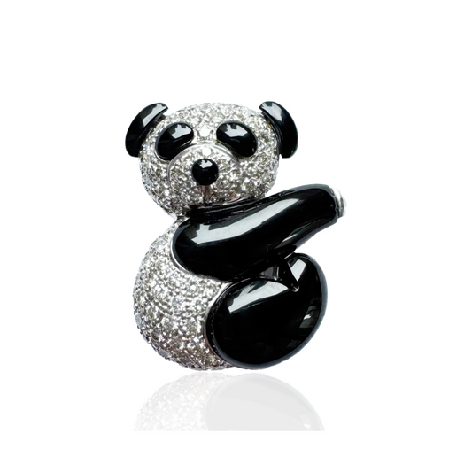 1980s 18KT White Gold Diamond & Enamel Panda Brooch front