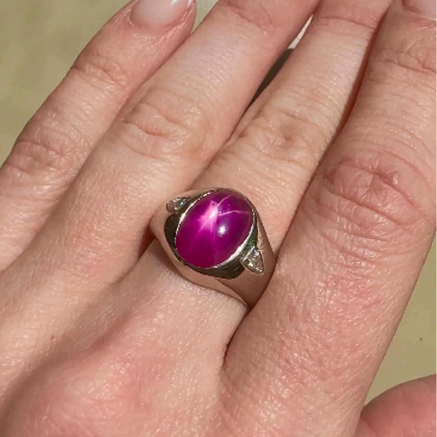 1950s Platinum Star Ruby & Diamond Ring on finger