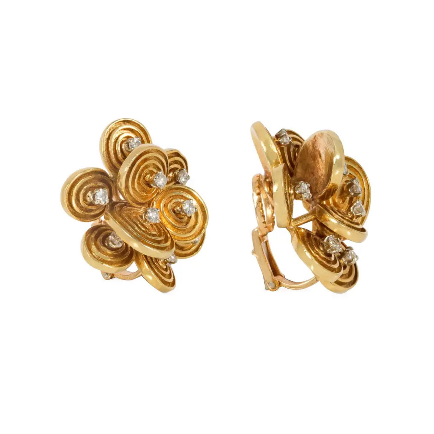 French 1960s 18KT Yellow Gold Diamond Earrings side