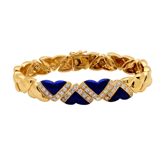 Fred Paris Post-1980s 18KT Yellow Gold Lapis Lazuli & Diamond Bracelet front