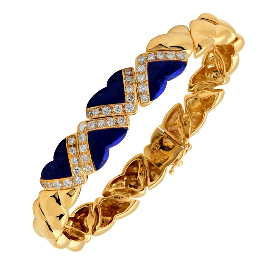 Fred Paris Post-1980s 18KT Yellow Gold Lapis Lazuli & Diamond Bracelet front and signature
