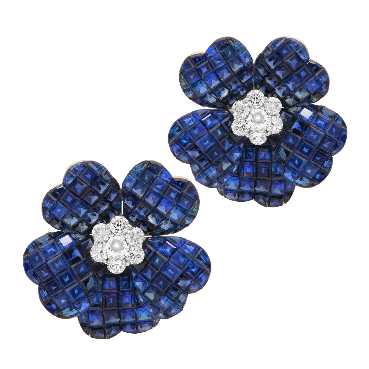 Contemporary 18KT White Gold Sapphire & Diamond Flower Earrings front