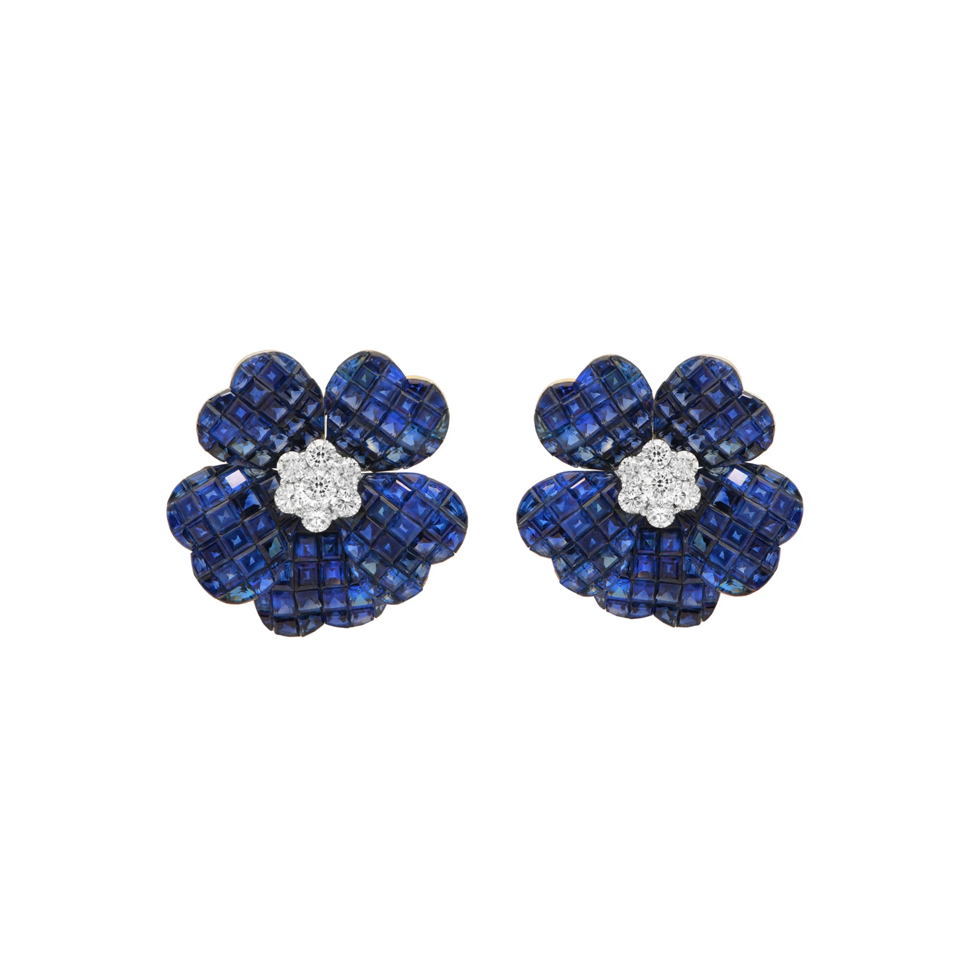 Contemporary 18KT White Gold Sapphire & Diamond Flower Earrings front