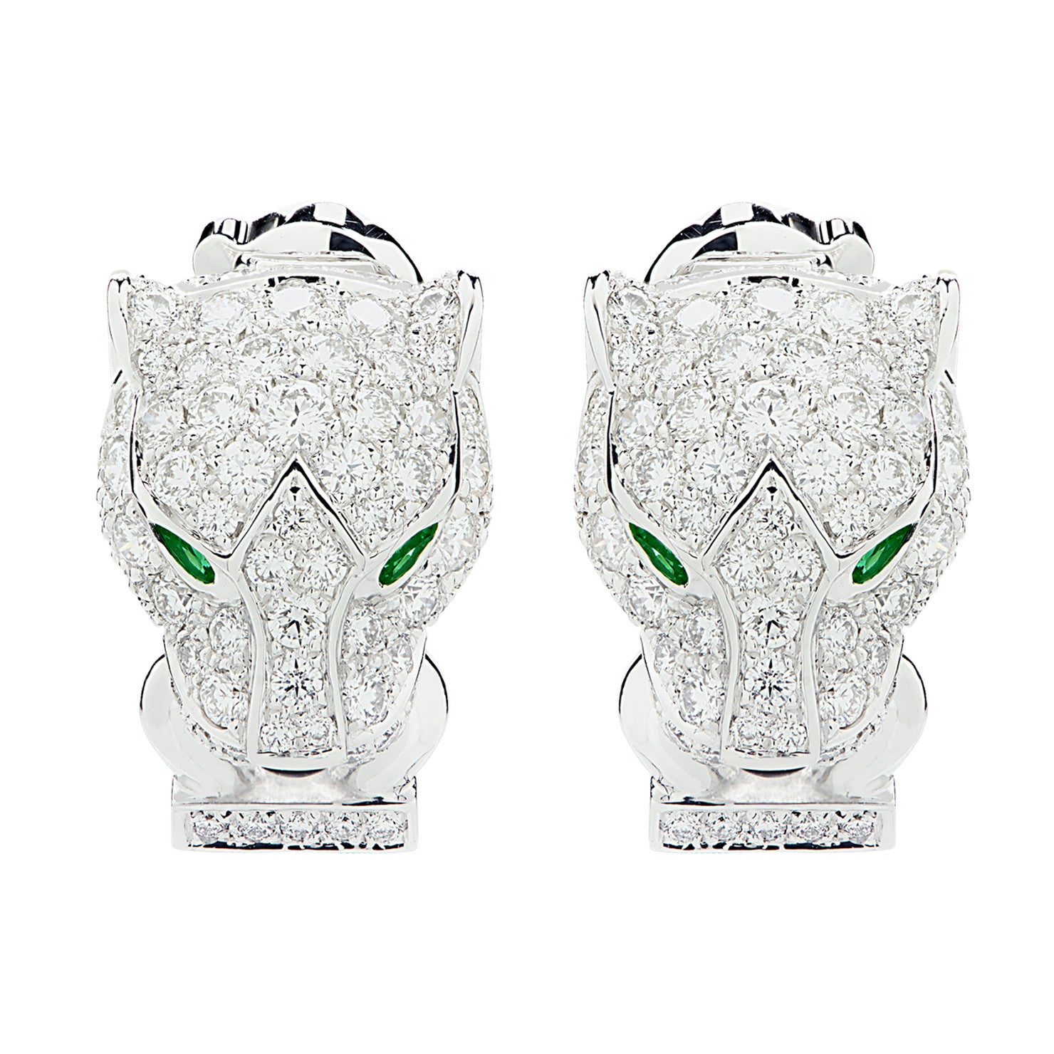 Cartier Post-1980s 18KT White Gold Diamond, Emerald & Onyx Panthére Earrings front