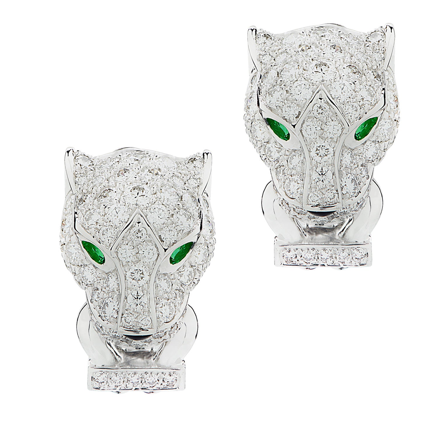 Cartier Post-1980s 18KT White Gold Diamond, Emerald & Onyx Panthére Earrings front