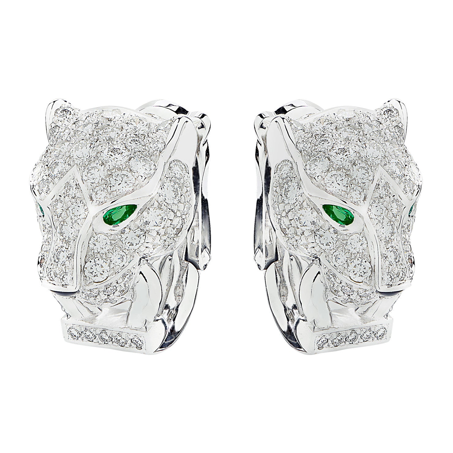 Cartier Post-1980s 18KT White Gold Diamond, Emerald & Onyx Panthére Earrings front