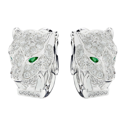 Cartier Post-1980s 18KT White Gold Diamond, Emerald & Onyx Panthére Earrings front