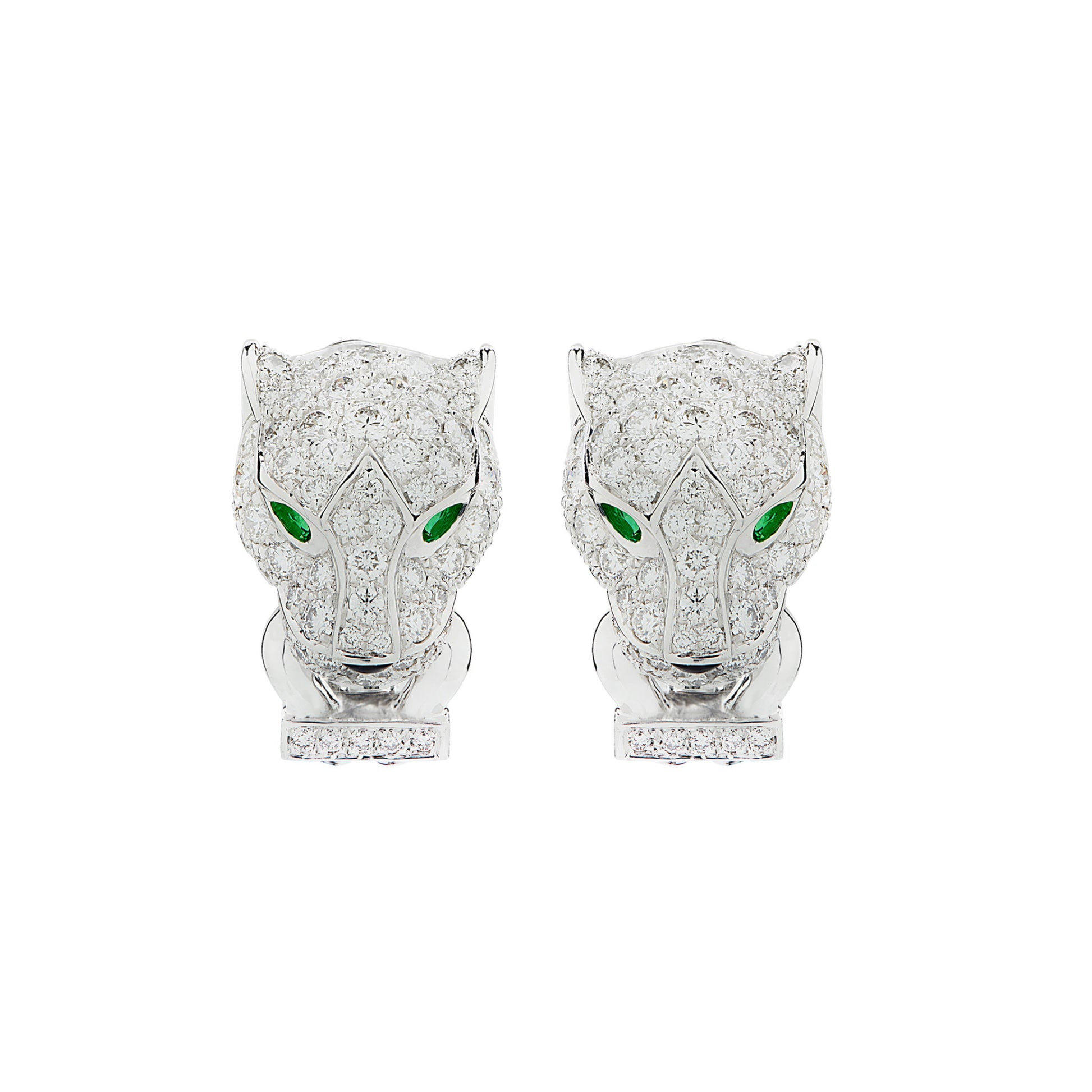 Cartier Post-1980s 18KT White Gold Diamond, Emerald & Onyx Panthére Earrings front