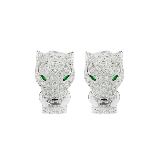 Cartier Post-1980s 18KT White Gold Diamond, Emerald & Onyx Panthére Earrings front