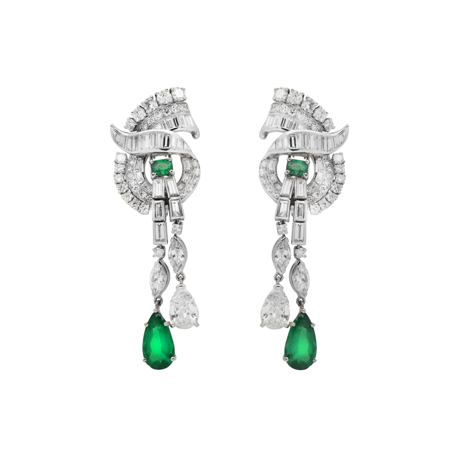 Raymond Yard Post-1980s Platinum Emerald & Diamond Earrings front