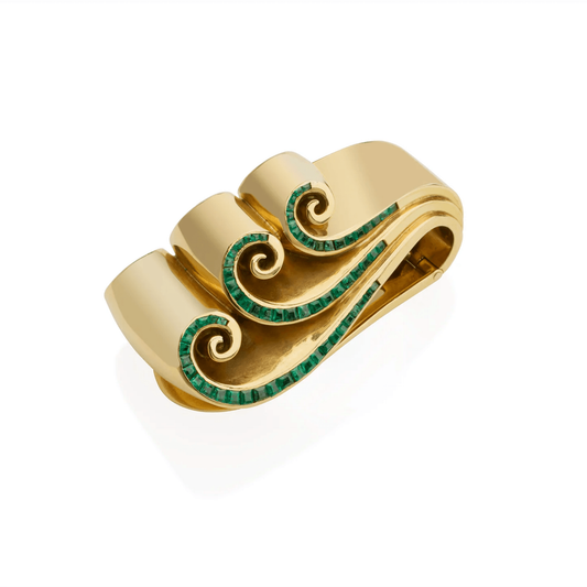 Juliette Moutard French Art Moderne 18KT Yellow Gold Emerald Set brooch front