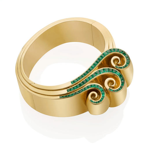 Juliette Moutard French Art Moderne 18KT Yellow Gold Emerald Set bracelet front