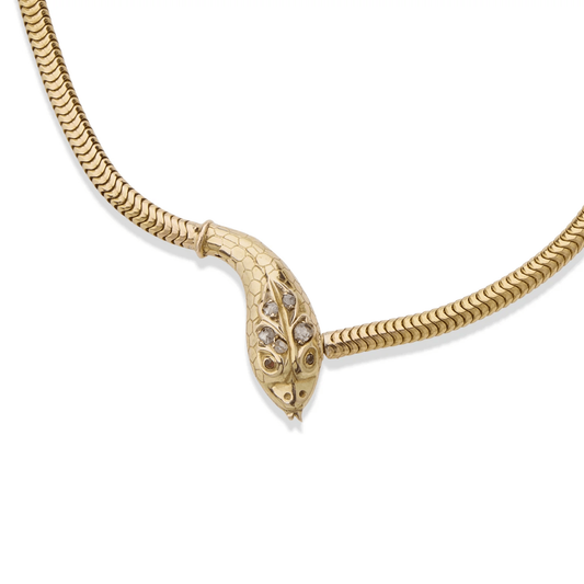 Victorian 18KT Yellow Gold Diamond & Ruby Snake Necklace front