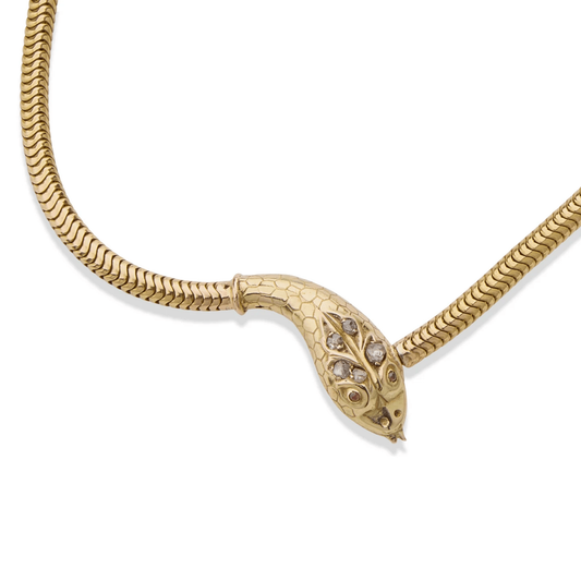 Victorian 18KT Yellow Gold Diamond & Ruby Snake Necklace front