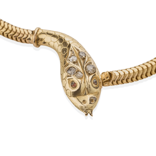 Victorian 18KT Yellow Gold Diamond & Ruby Snake Necklace front