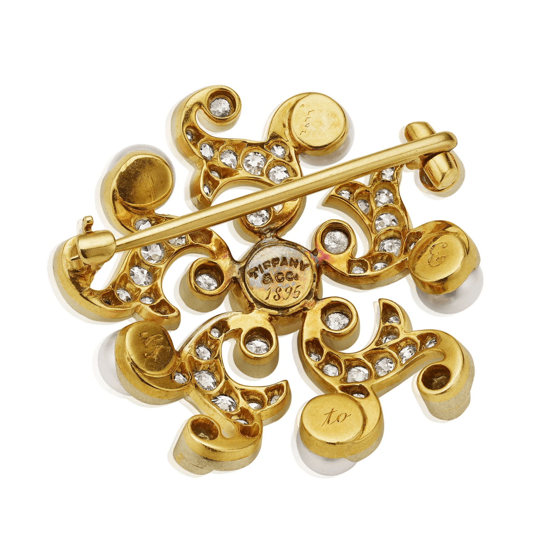 Tiffany & Co. Victorian Platinum & 18KT Yellow Gold Natural Pearl & Diamond Brooch back