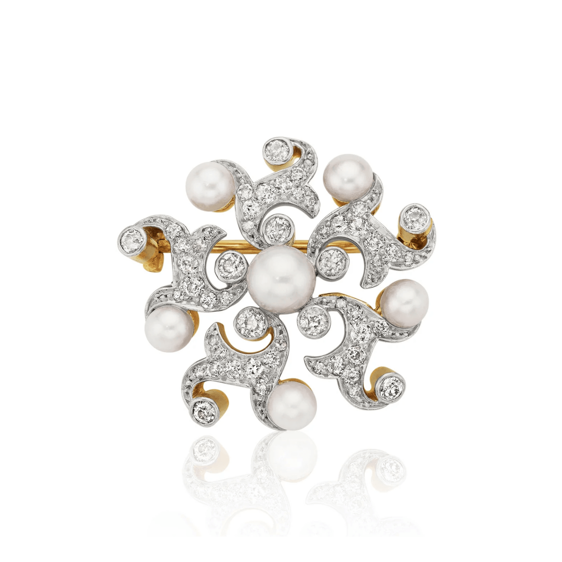 Tiffany & Co. Victorian Platinum & 18KT Yellow Gold Natural Pearl & Diamond Brooch front