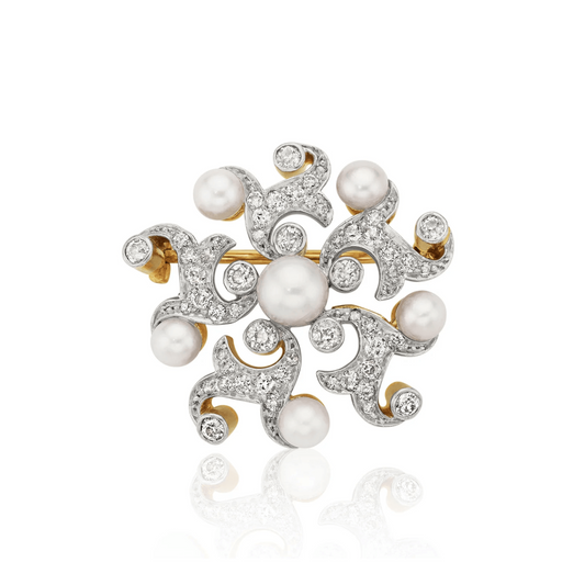 Tiffany & Co. Victorian Platinum & 18KT Yellow Gold Natural Pearl & Diamond Brooch front