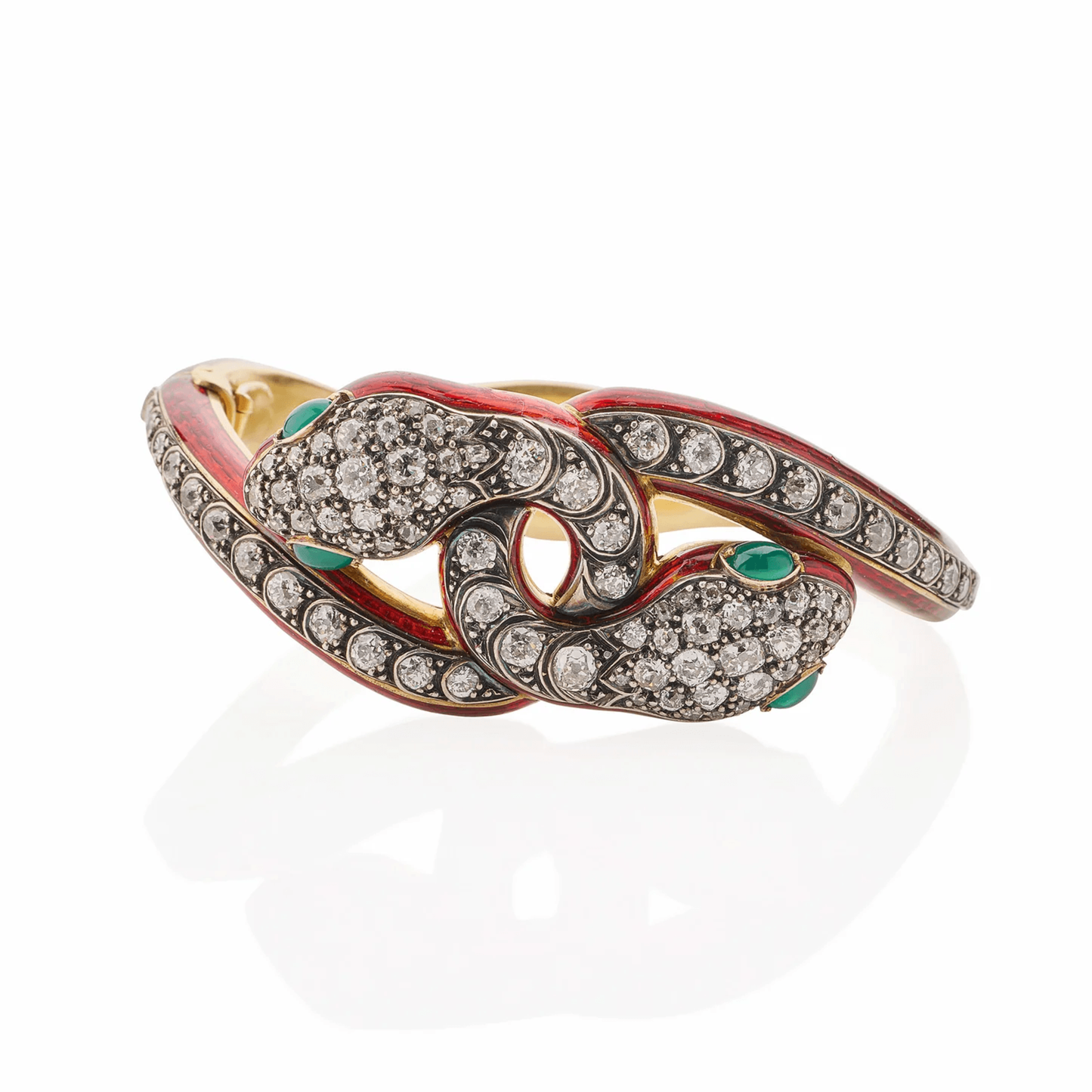 Victorian Silver & 18KT Yellow Gold Diamond, Emerald & Enamel Snake Bracelet front