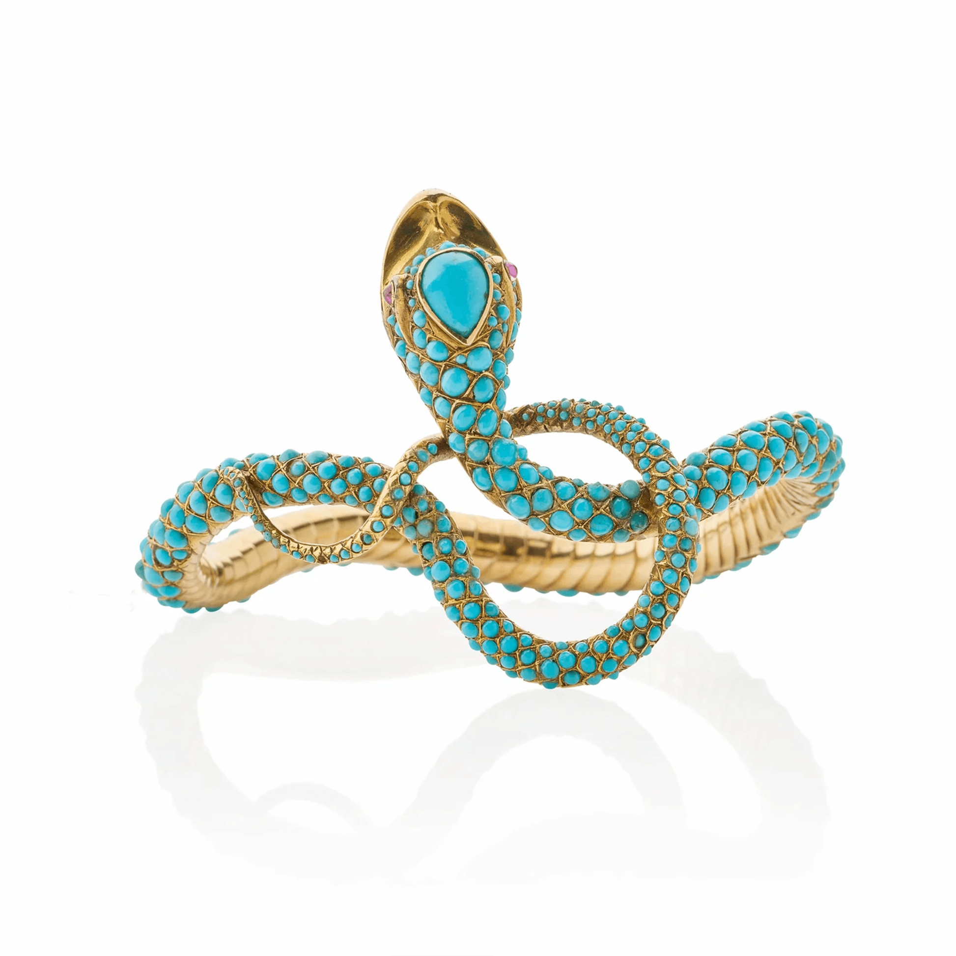 Victorian 18KT Yellow Gold Turquoise & Ruby Snake Bracelet front