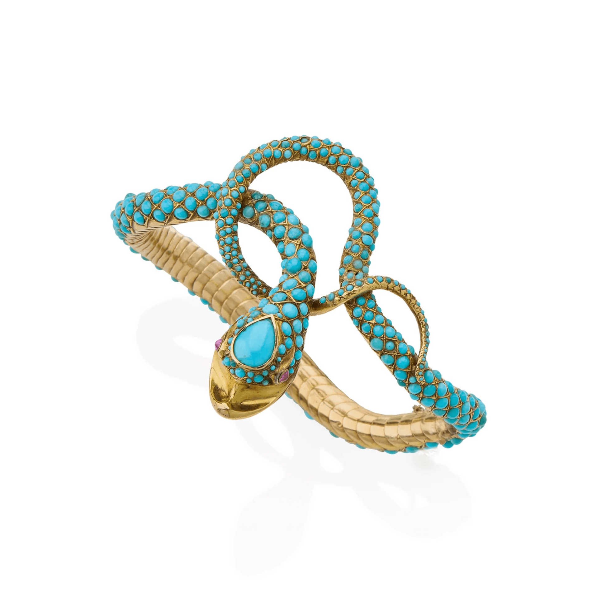 Victorian 18KT Yellow Gold Turquoise & Ruby Snake Bracelet front