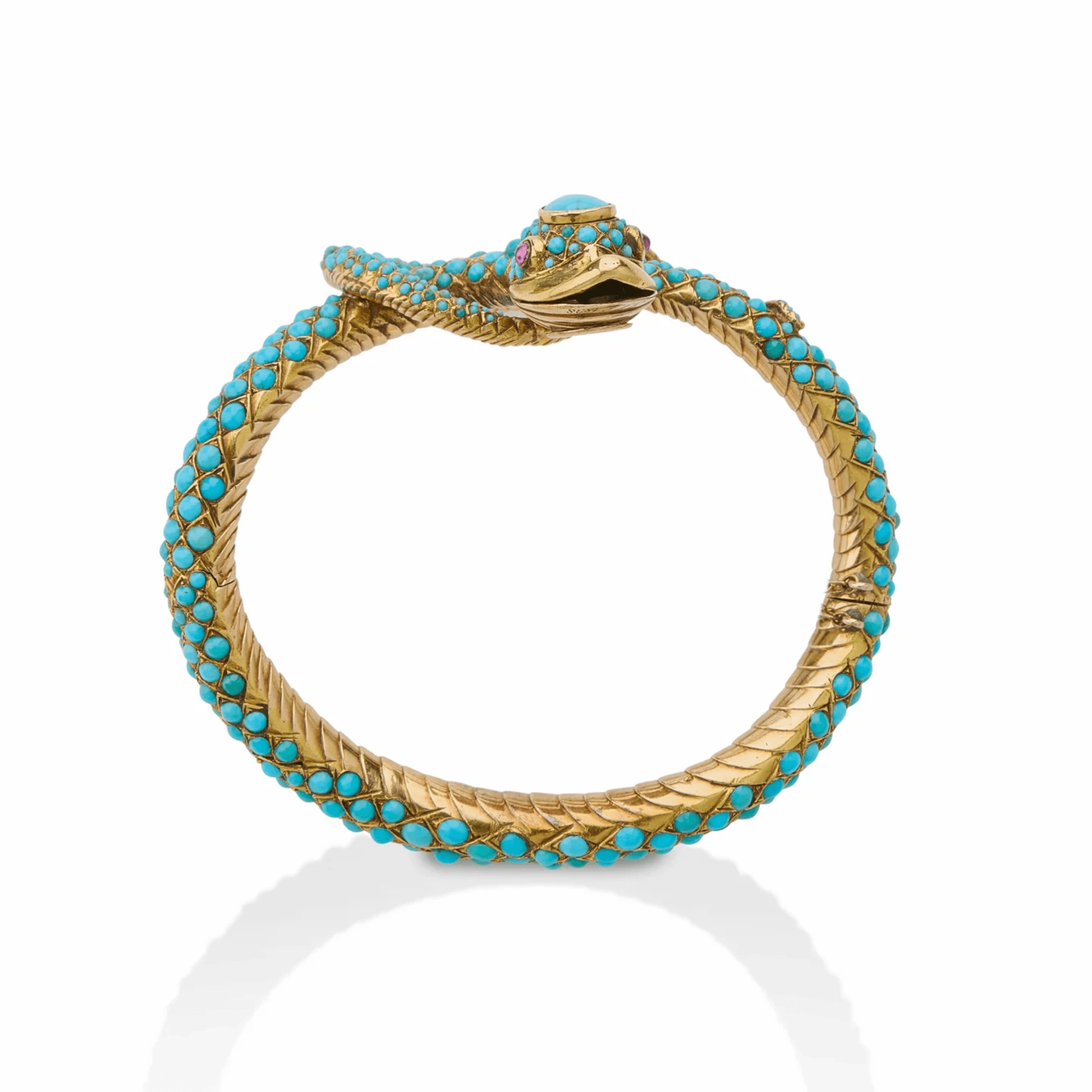 Victorian 18KT Yellow Gold Turquoise & Ruby Snake Bracelet profile