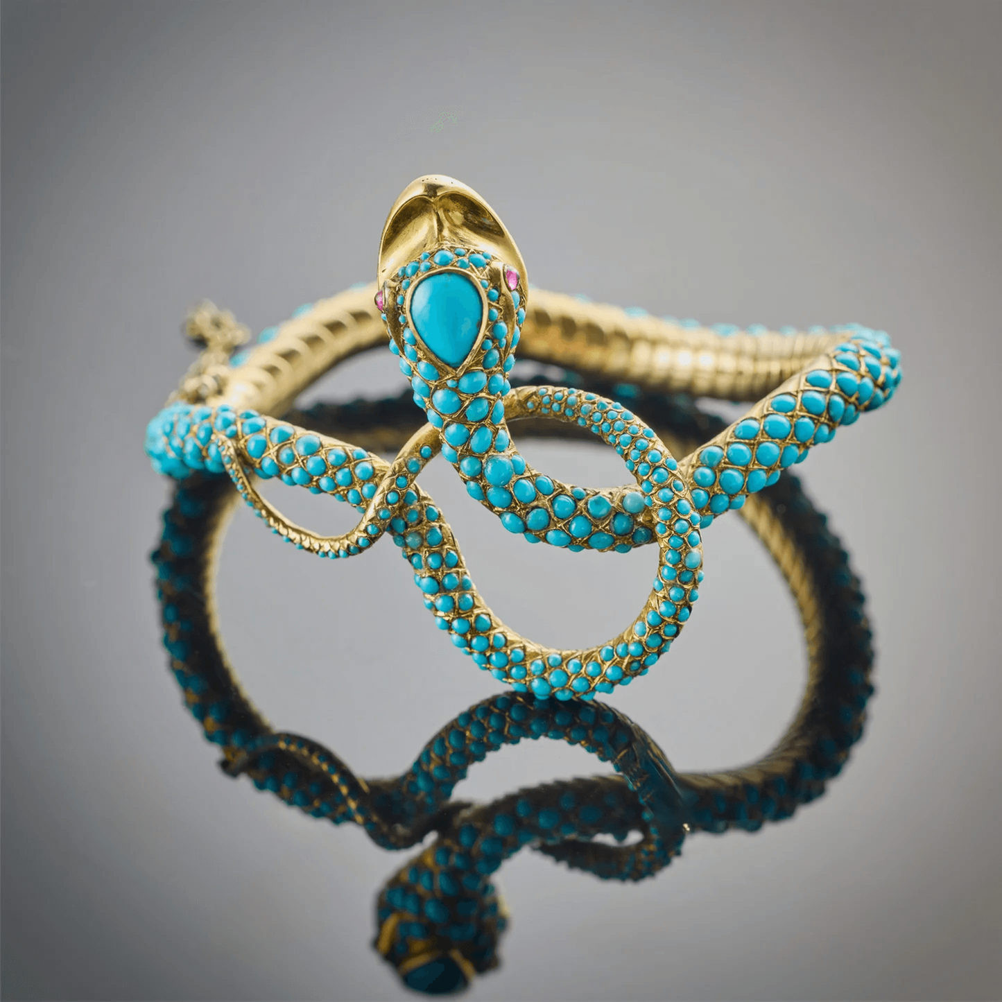 Victorian 18KT Yellow Gold Turquoise & Ruby Snake Bracelet front