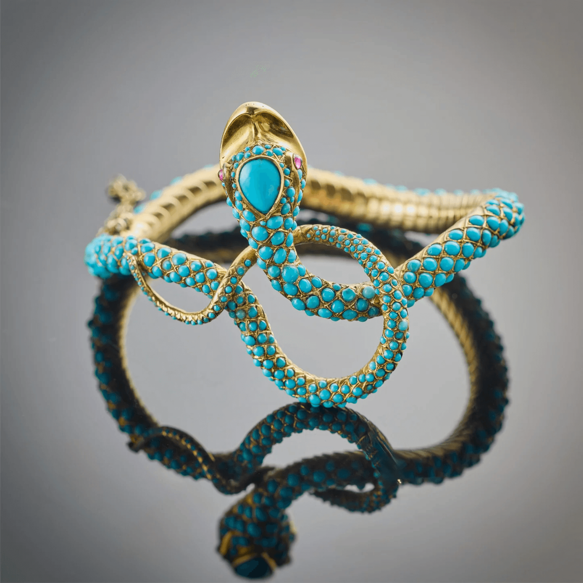 Victorian 18KT Yellow Gold Turquoise & Ruby Snake Bracelet front