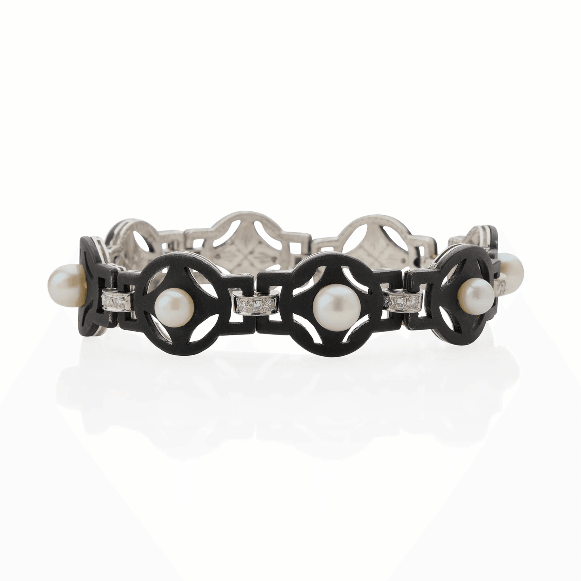 G.T. Marsh & Co. 1930s Steel & 18KT White Gold Cultured Pearl & Diamond Bracelet front
