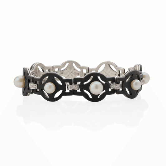 G.T. Marsh & Co. 1930s Steel & 18KT White Gold Cultured Pearl & Diamond Bracelet front
