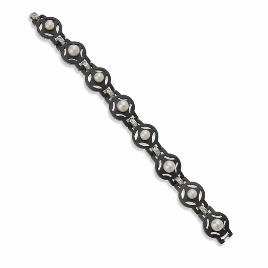 G.T. Marsh & Co. 1930s Steel & 18KT White Gold Cultured Pearl & Diamond Bracelet front