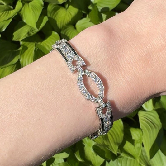Art Deco Platinum Diamond & Onyx Bracelet on wrist