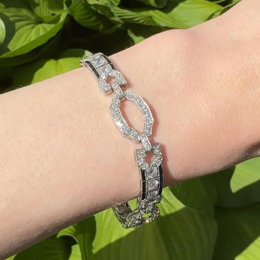 Art Deco Platinum Diamond & Onyx Bracelet on wrist