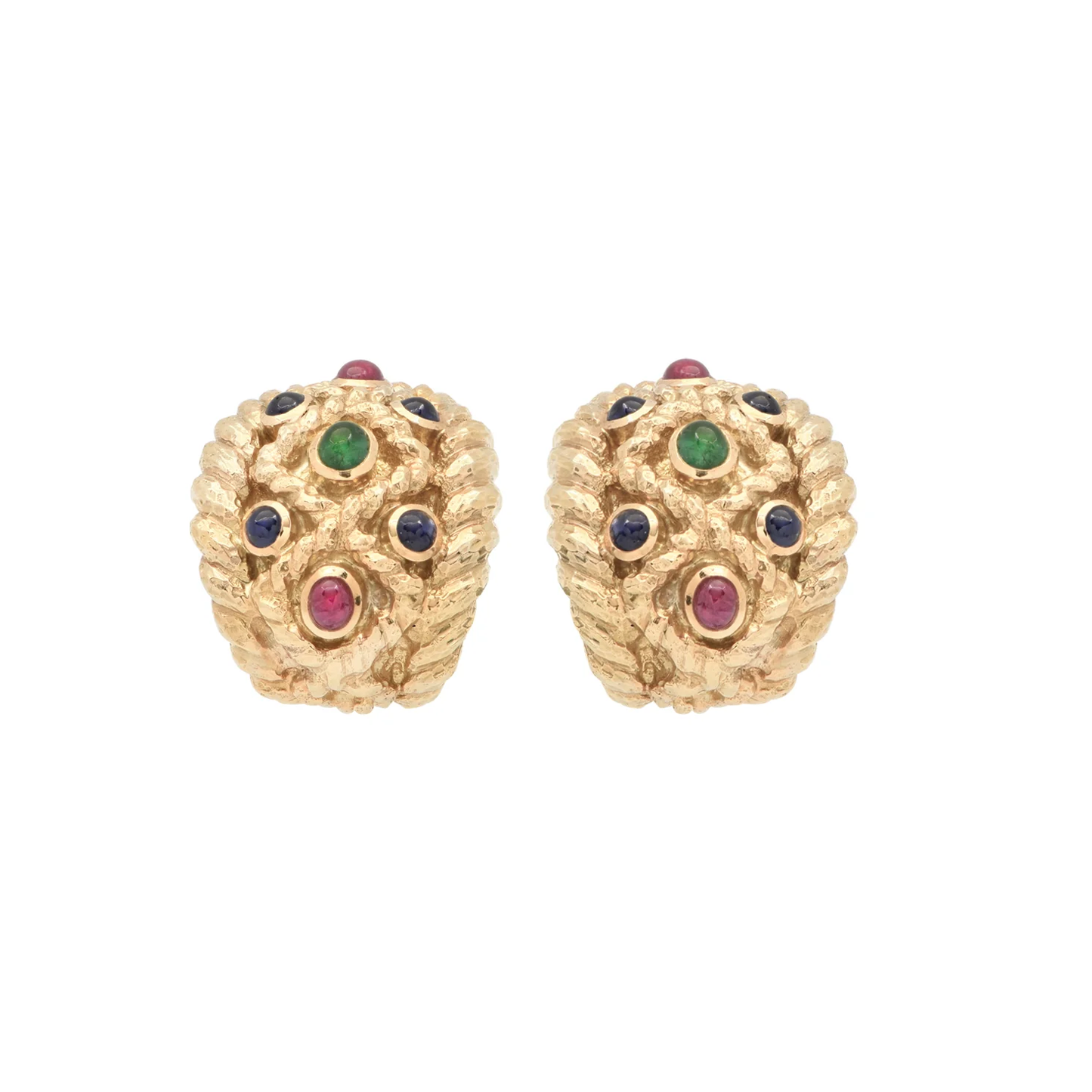 David Webb 1980s 18KT Yellow Gold Emerald, Ruby & Sapphire Earrings front