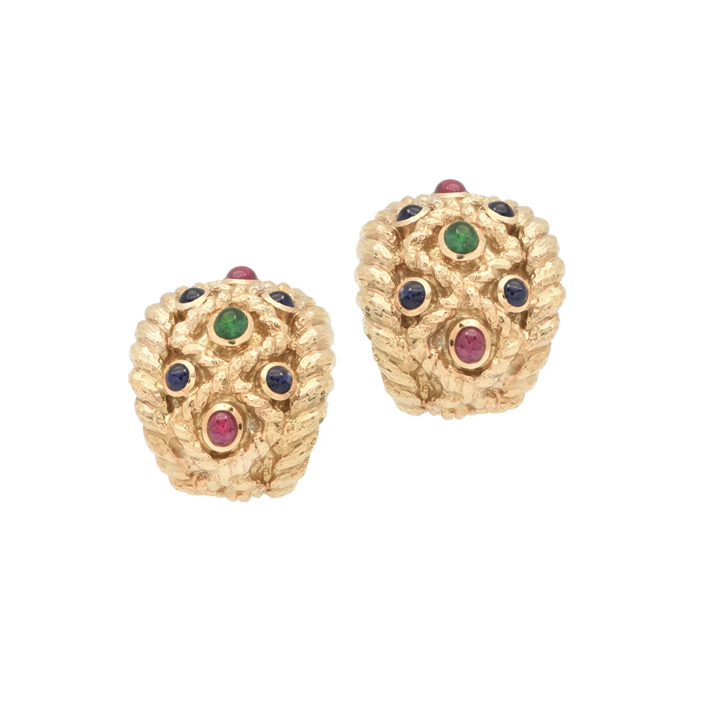 David Webb 1980s 18KT Yellow Gold Emerald, Ruby & Sapphire Earrings front