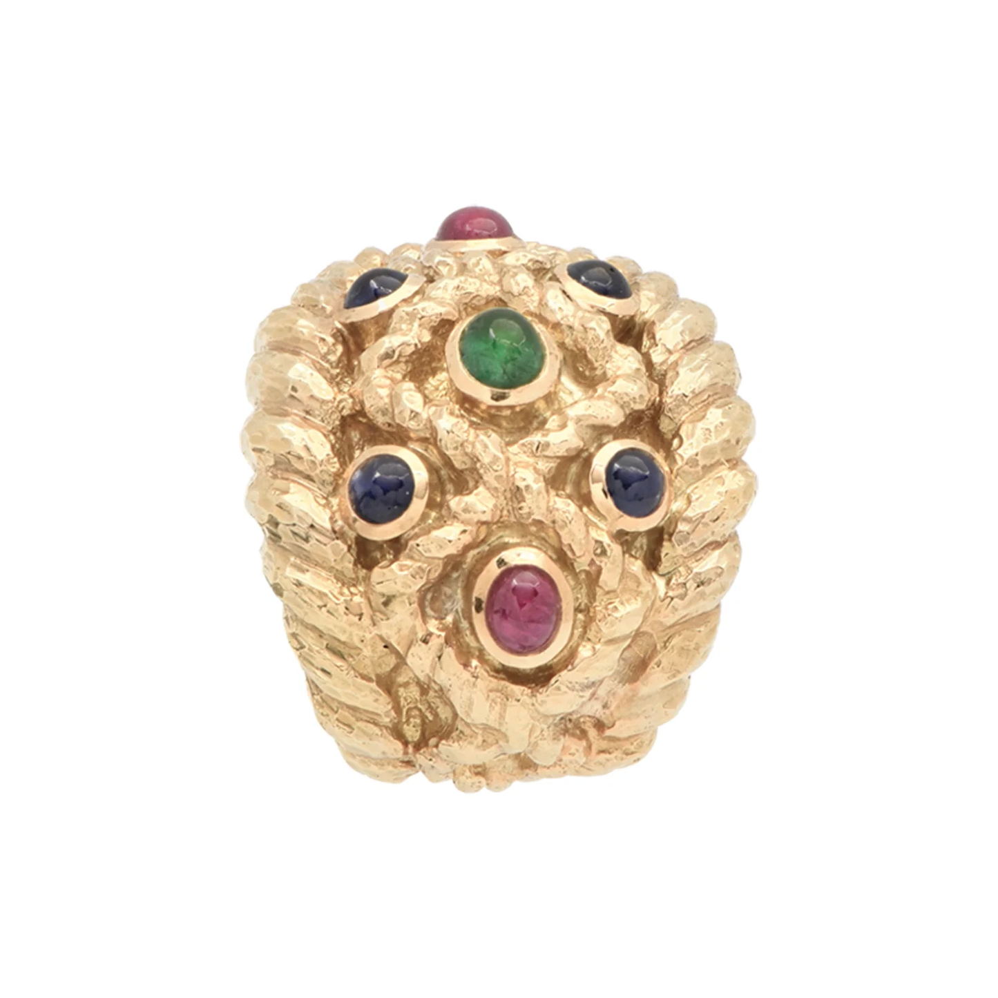 David Webb 1980s 18KT Yellow Gold Emerald, Ruby & Sapphire Earrings front