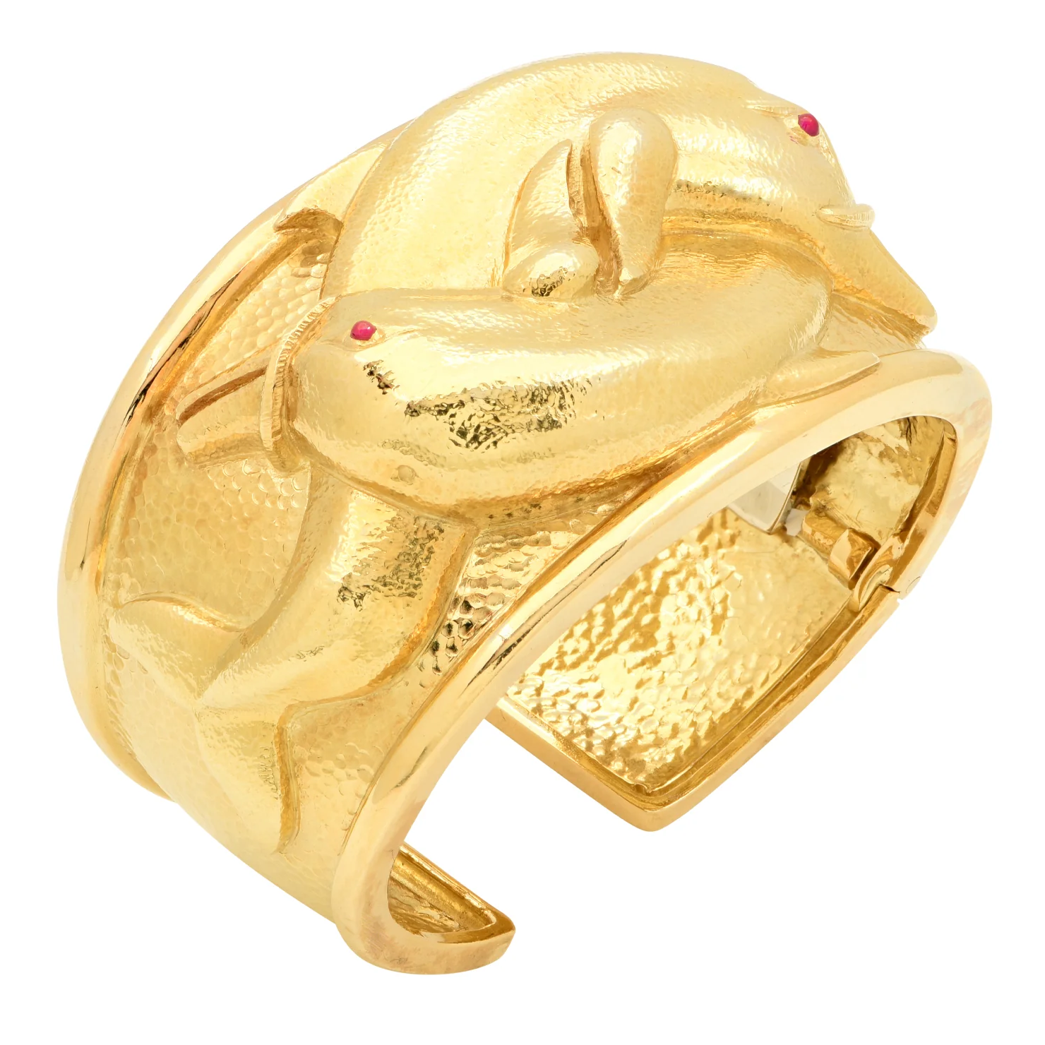 David Webb 1980s 18KT Yellow Gold Ruby Dolphin Bracelet front