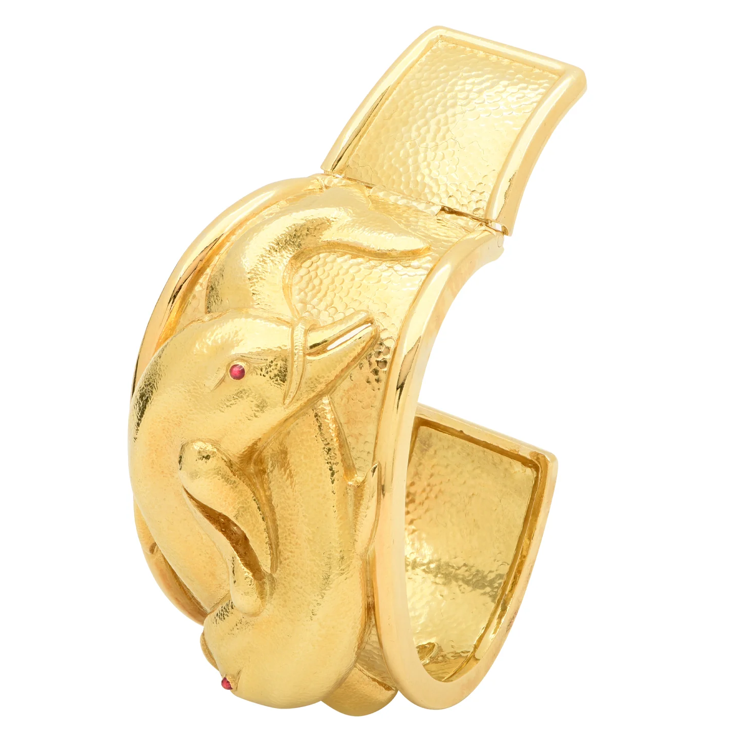 David Webb 1980s 18KT Yellow Gold Ruby Dolphin Bracelet front