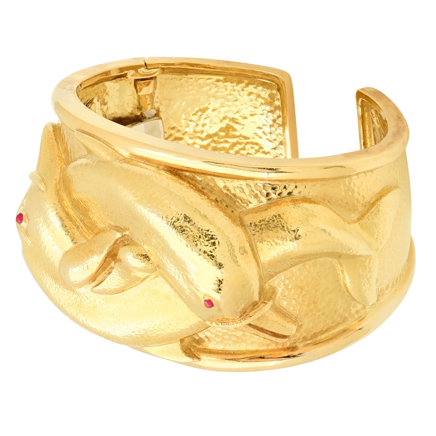David Webb 1980s 18KT Yellow Gold Ruby Dolphin Bracelet front