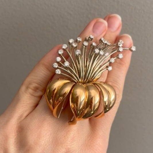 Retro 18KT White & Yellow Gold Diamond Brooch front